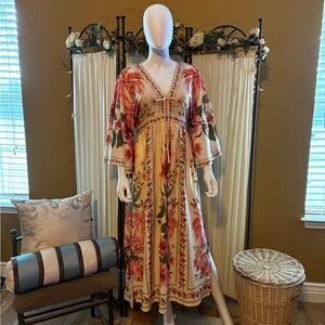 SHEIN Cream Maxi Dress with Pink & Green Floral Print S/M